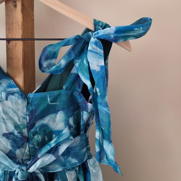 NWT Lulus Flowering Day Dream Teal Blue Floral Organza Midi Dress – Size S - Picture 7 of 15
